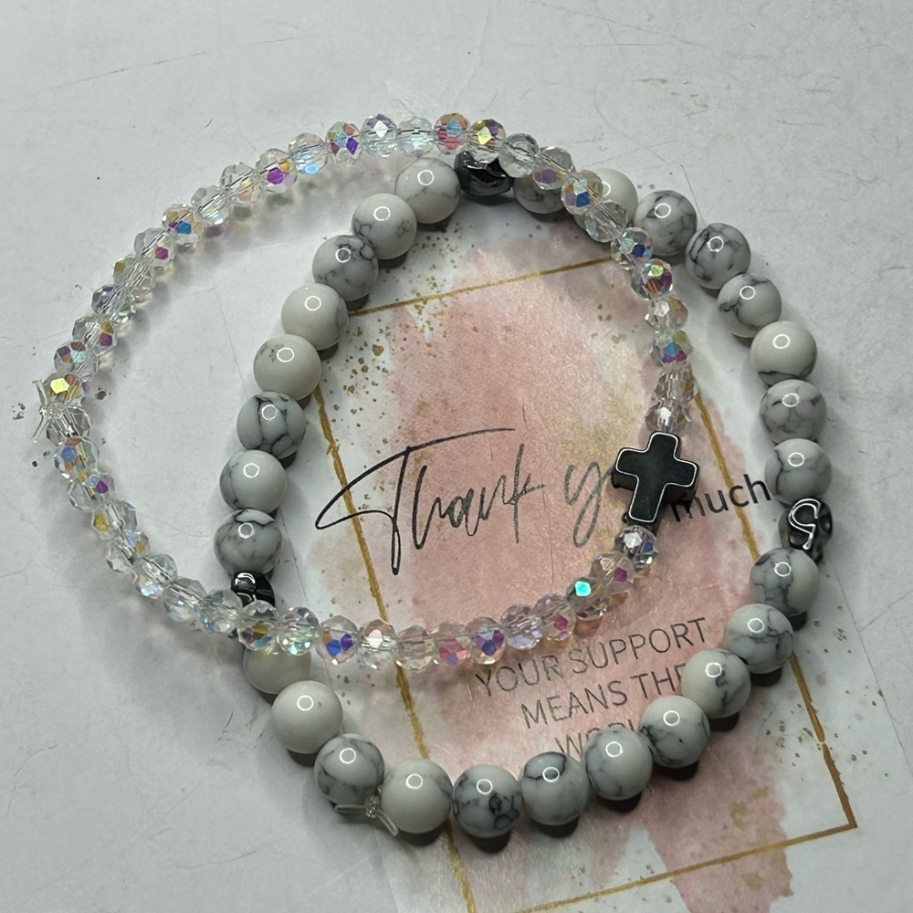White Howlite & Crystal Cross Bracelet Set